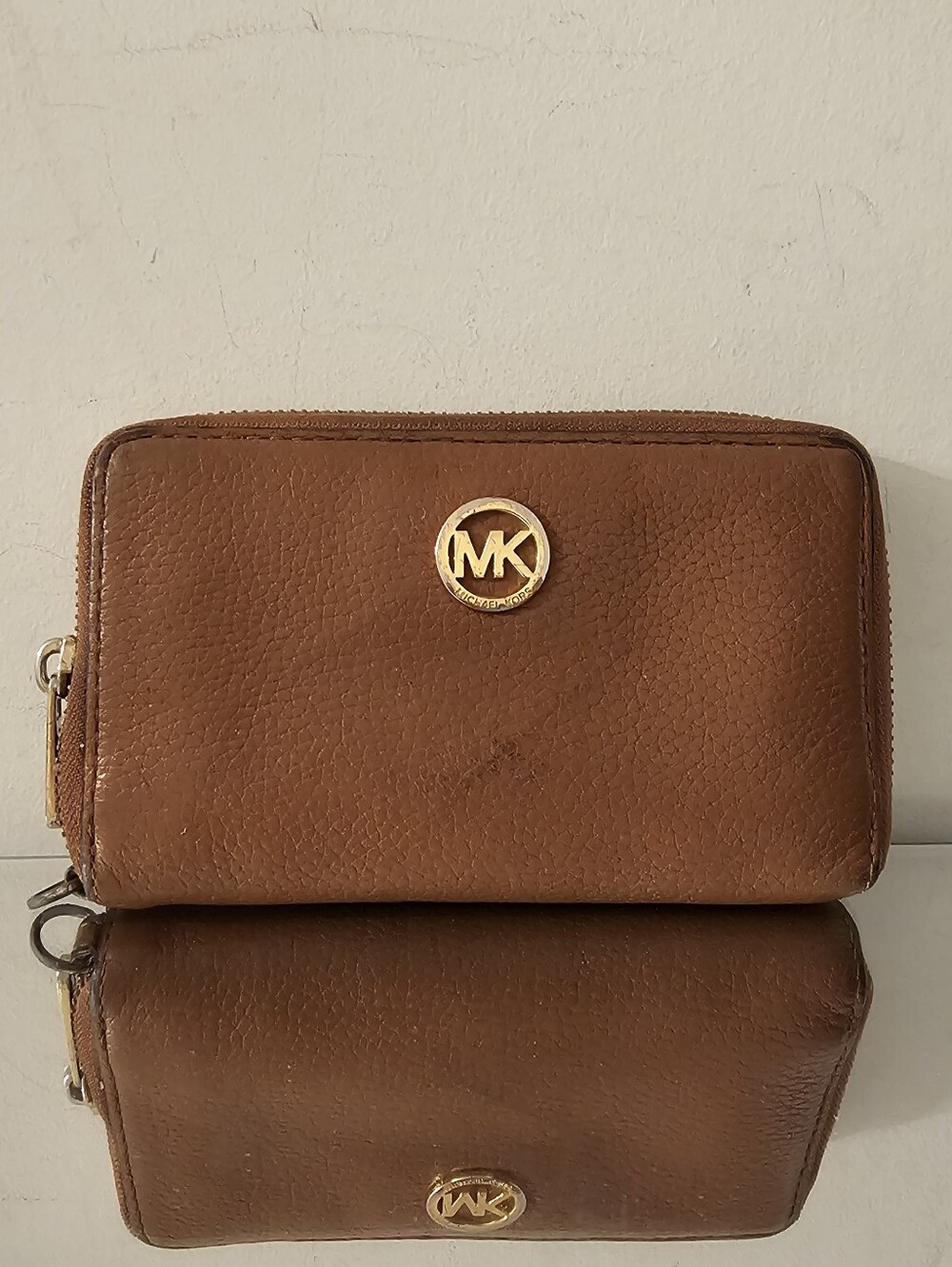 Michael Kors Cognac Pebbled Leather Zip Wallet with Gold MK Logo